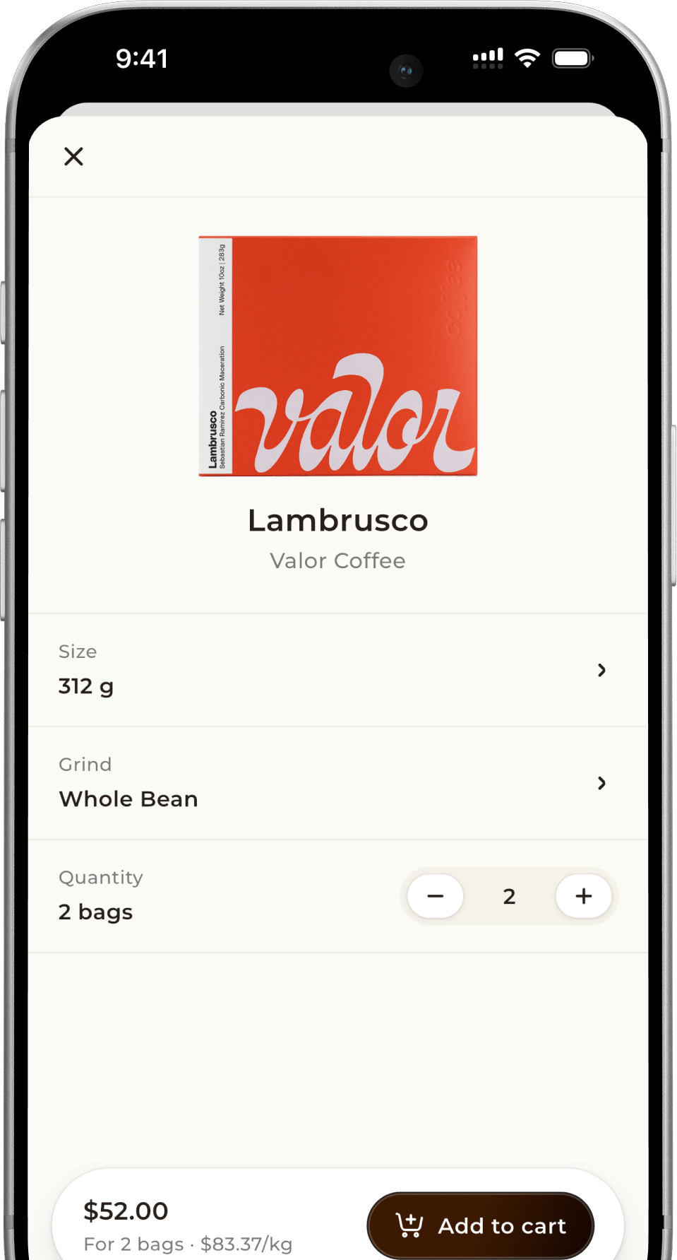Adding a coffee to the cart in the Coffi app