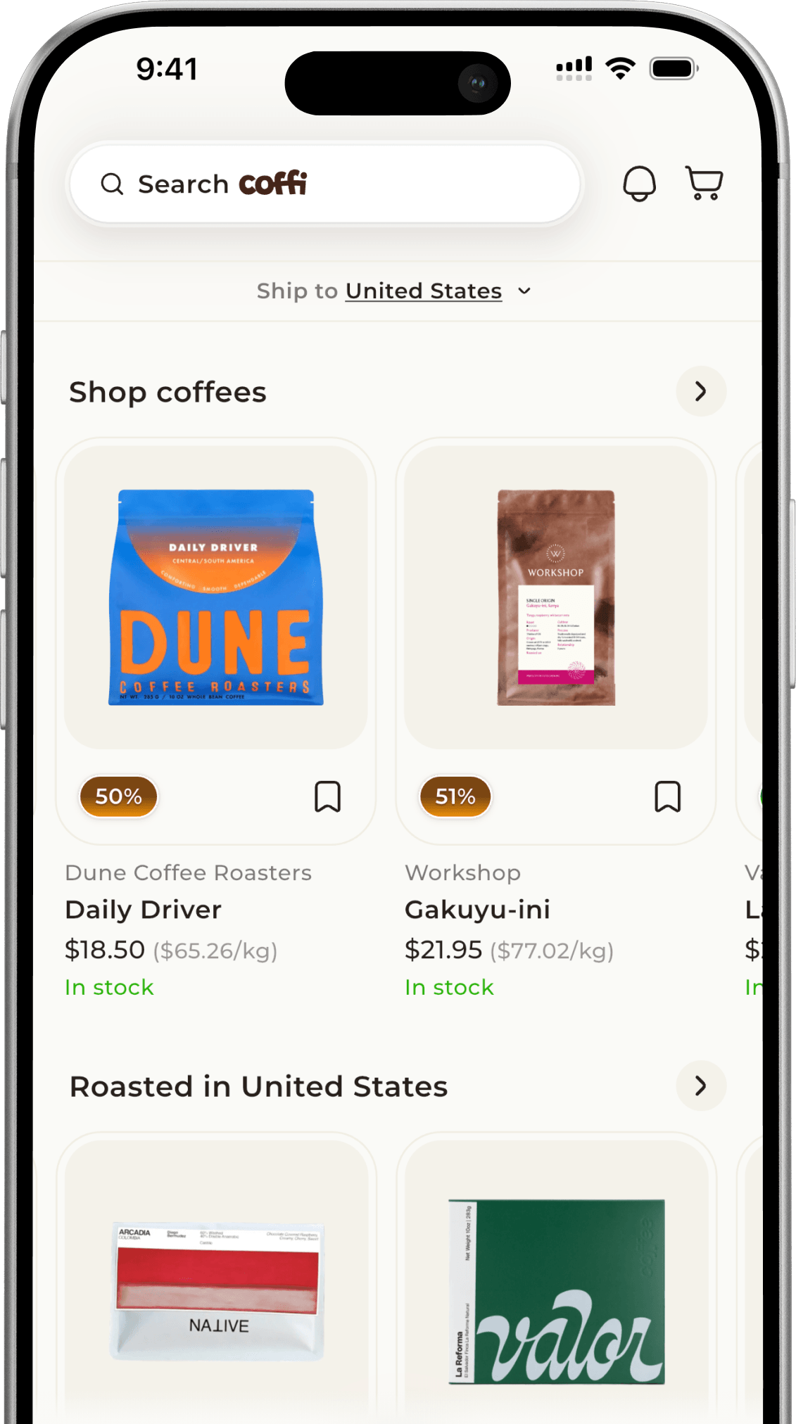 The Coffi app shop home showing coffees available to buy