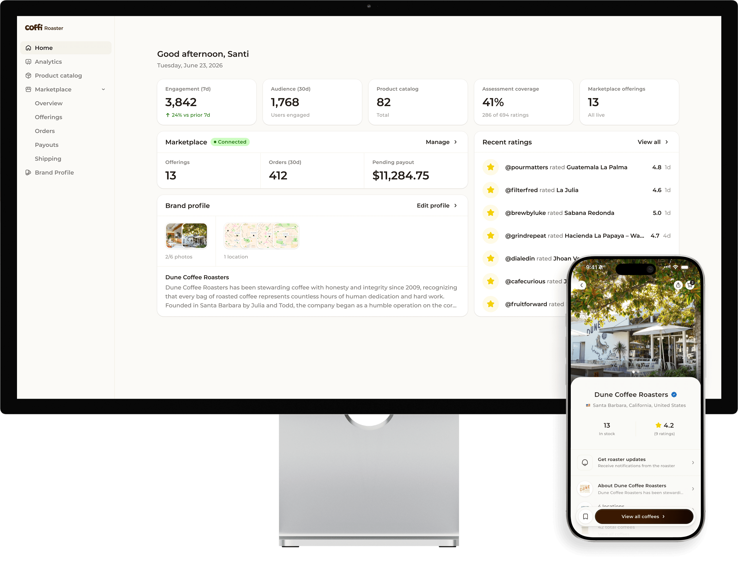 Coffi roaster panel — editor view with display photos, roaster profile on a phone